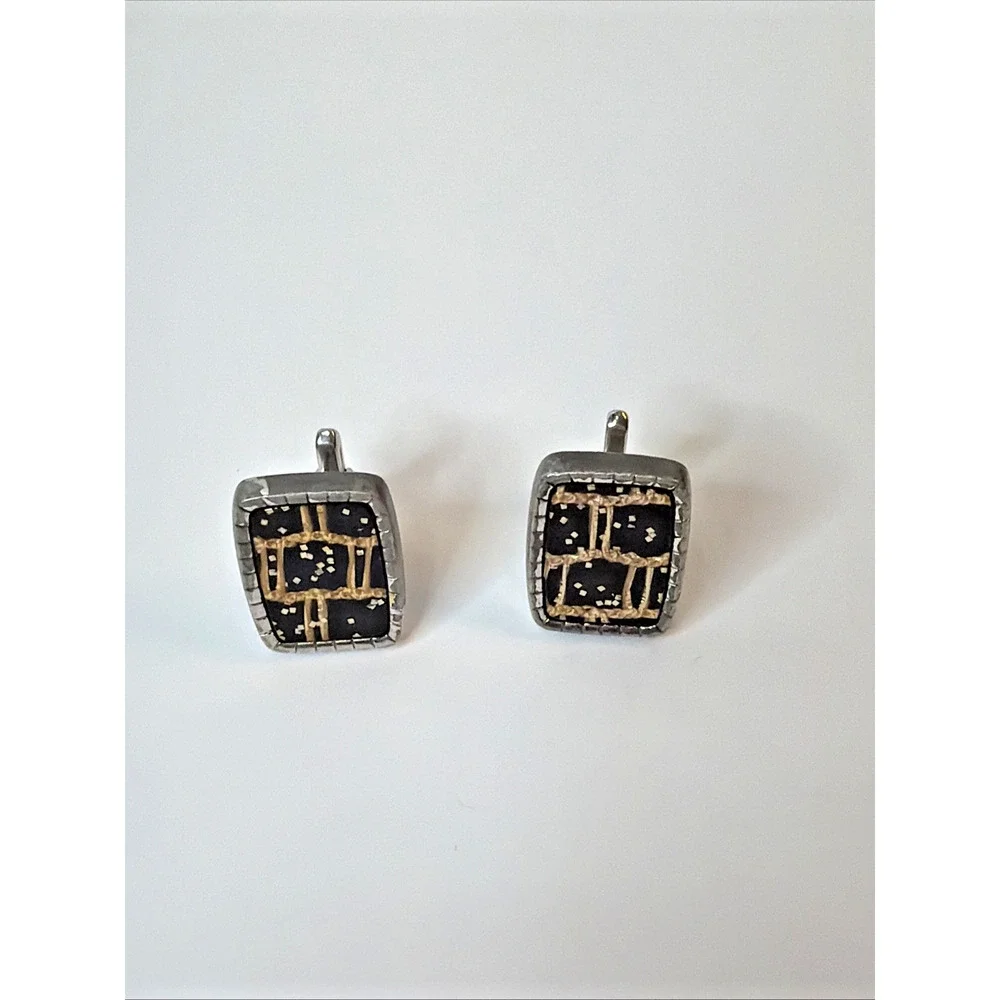 Vintage HICKOK USA Black Gold Enamel Silver Tone Abstract Cufflinks Mid Century